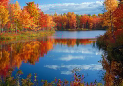 A lake surrounded by trees in the fall photo
