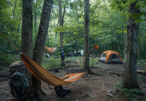 A well organized campsite featuring a hammock strung between trees, a backpack, and a nearby tent photo