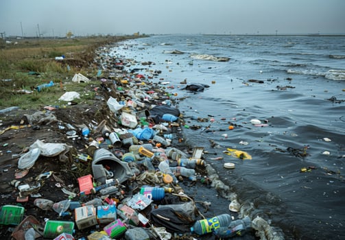A river with trash and water photo
