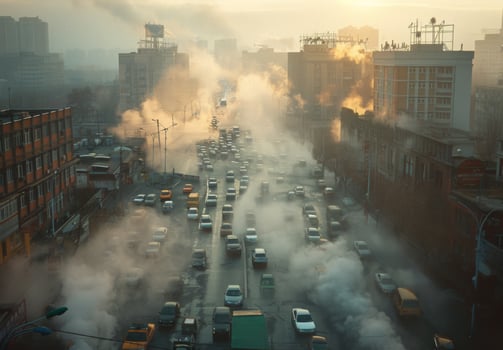 A city street with cars and smoke coming out of the cars photo