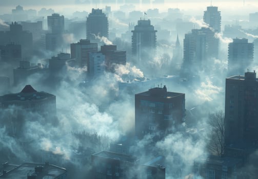 A city with smoke rising from the buildings photo