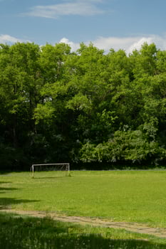 An old, abandoned football stadium in the woods. A football field, a gate in the distance photo