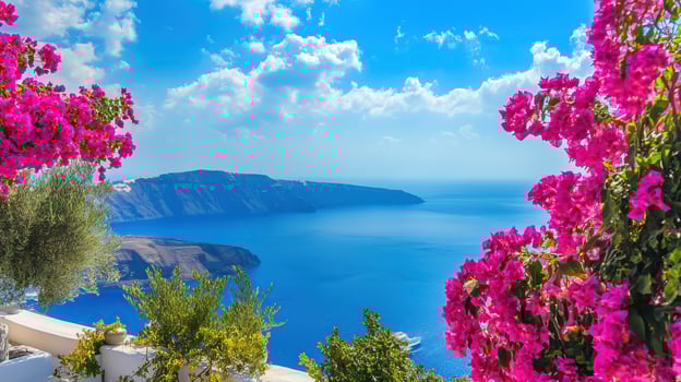 Beautiful landscape of Santorini with blue sky and flowers photo