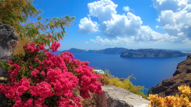 Beautiful landscape of Santorini with blue sky and flowers photo