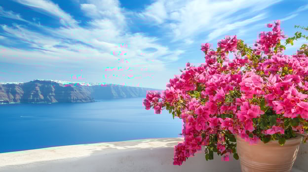 Beautiful landscape of Santorini with blue sky and pink flowers photo