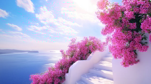 Beautiful landscape of Santorini with blue sky and pink flowers photo