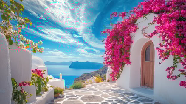 Beautiful landscape of Santorini with blue sky and flowers photo