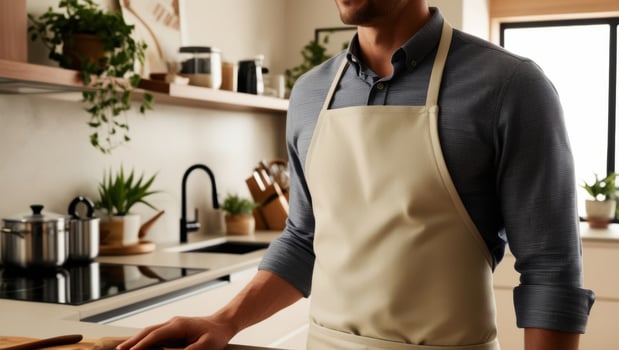 Man in Apron in Modern Kitchen photo