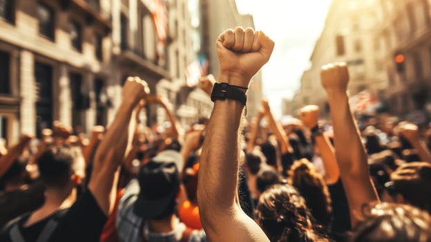 A group of protesters raise their fists in the air. . photo
