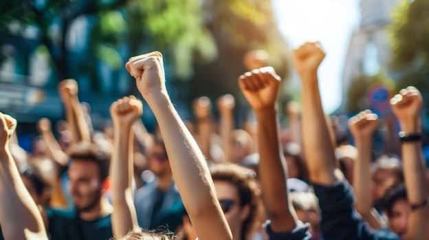 A group of protesters raise their fists in the air. . photo