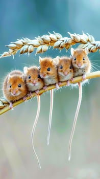 Harvest mice balancing on a wheat ear photo