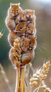 Harvest mice family climbing a wheat stalk photo