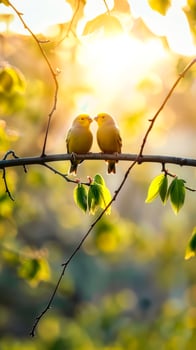 Pair of yellow lovebirds perched on a branch photo