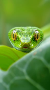 Green vine snake close-up with focus on eyes photo