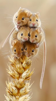 Adorable group of harvest mice on a wheat ear photo