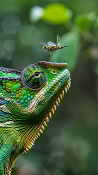 Chameleon with extended tongue catching insect photo