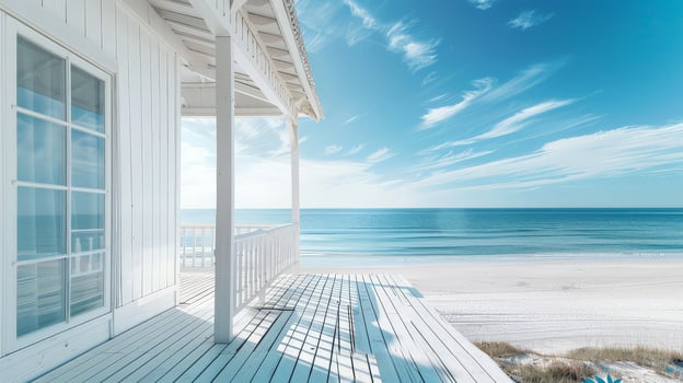 A tranquil beachfront deck invites relaxation under a bright blue sky photo