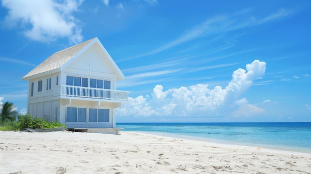 A serene beachfront house sits peacefully by the turquoise waves photo
