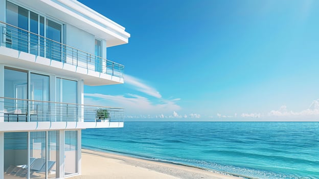 A stunning seaside view featuring a modern building and clear ocean waters photo