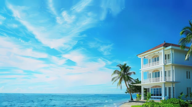 A serene villa stands by the calm ocean waves beneath a bright sky photo