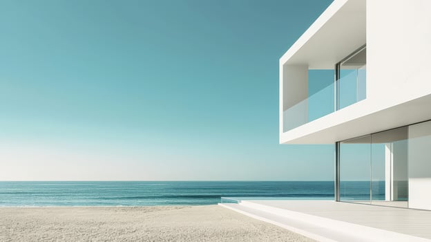 Sleek design captures tranquility by the serene beach at dawn photo