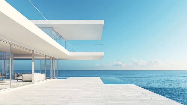 Elegant structure merges luxury living with breathtaking ocean views at dusk photo