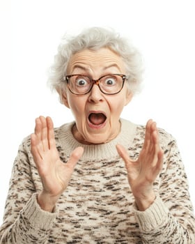 An older woman excitedly reacts with astonishment and joy photo