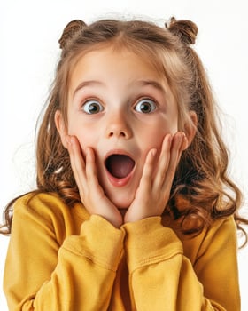 Young girl with curly hair shows delight and astonishment in bright light photo