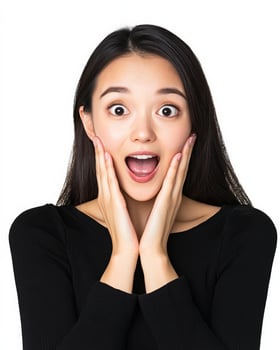 A woman beams with excitement, her hands resting on her cheeks in surprise photo