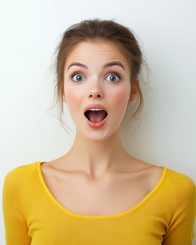 A woman shows a joyful expression of astonishment with wide eyes photo