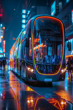 Futuristic NeonGlowing Electric Bus in Modern Urban City at Night photo