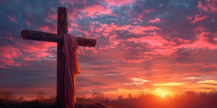 Cross with Draped Cloth at Sunset in Countryside Field with Dramatic Sky photo