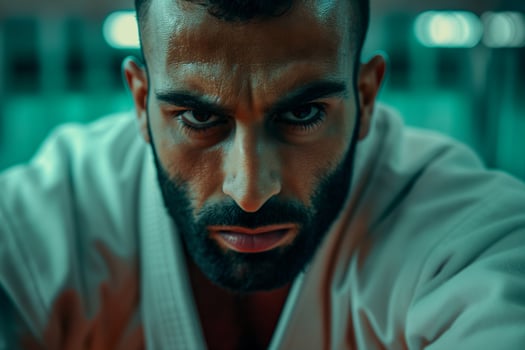 Intense Focus of a Martial Artist in Traditional Gi Practicing in Gym photo