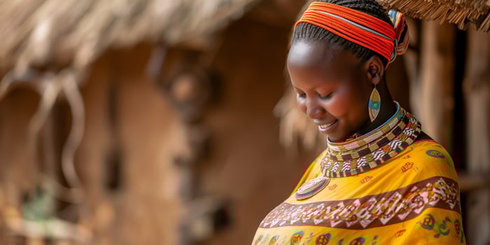Smiling Woman in Traditional Colorful Clothing, Beaded Jewelry, and Headdress in Rural Setting photo