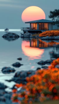 There is a charming house situated on a small island in the ocean at sunset photo
