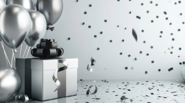 silver gift party box with black ribbon bow on background with colorful balloons, confetti.party concept or birthday celebration photo