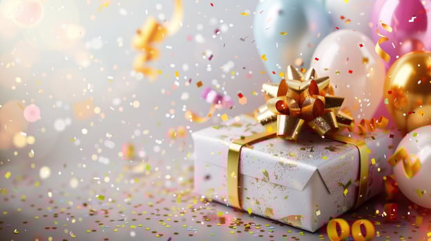 silver gift party box with gold ribbon bow on background with colorful balloons, confetti.party concept or birthday celebration, space for text. photo