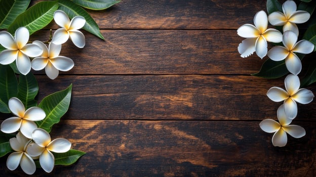 A wooden background with a bunch of white flowers on it photo