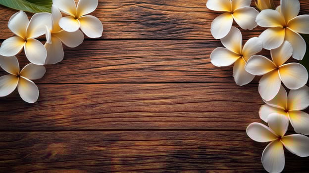 A wooden background with a bunch of white flowers on it photo