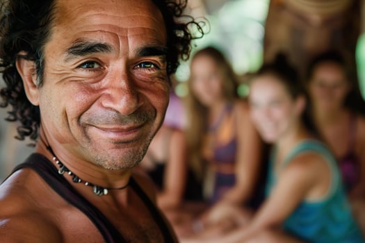 Happy Hispanic male yoga instructor smiling with group. photo
