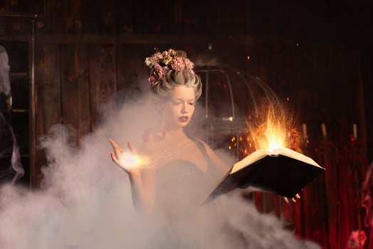 Charming woman witch flowers in hair vintage black dress with book of spell in the old castle. Halloween. Celebration. photo
