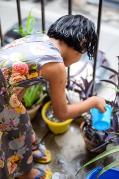 Cute 5 year old Asian little girl is watering the plant in the pots located at house balcony, Love of sweet little girl for the mother nature during watering into plants, Kid Planting photo