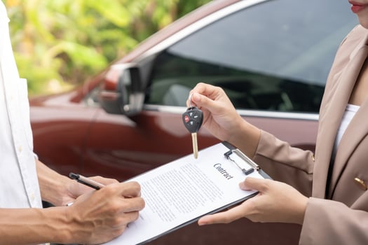 lease, rental car, sell, buy. Dealership send contract and car keys to new owner to sign. Sales, loan credit financial, rent vehicle, insurance, renting, Seller, dealer, installment, car care business photo