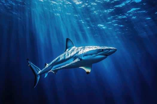 A majestic shark swimming silently through deep blue waters. photo