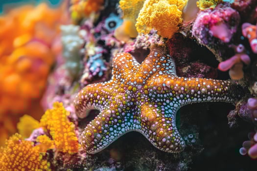 A close-up of a starfish resting on a vibrant coral reef. photo