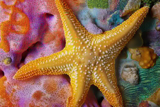A close-up of a starfish resting on a vibrant coral reef. photo