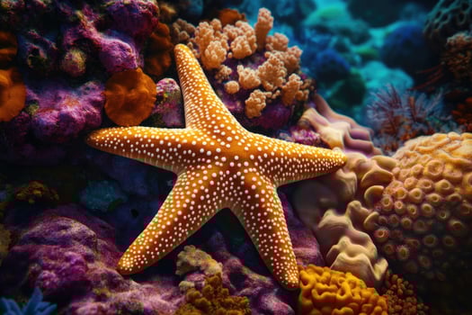 A close-up of a starfish resting on a vibrant coral reef. photo