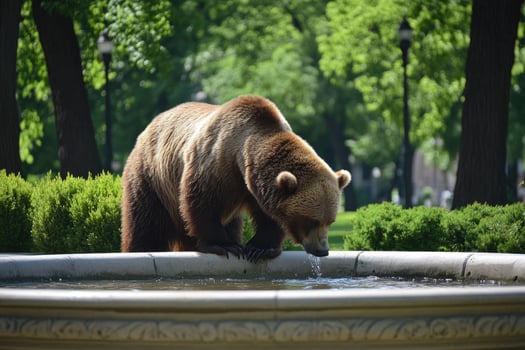 A bear drinking from a park fountain in a city park. photo