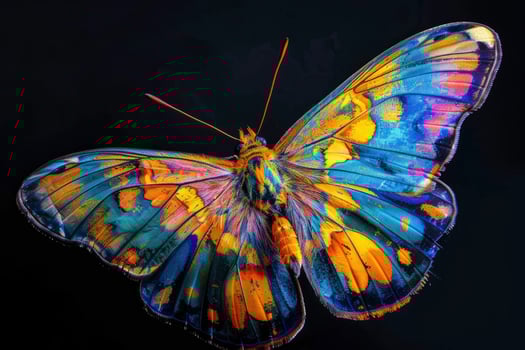 a bright multicolored butterfly on a black background. photo