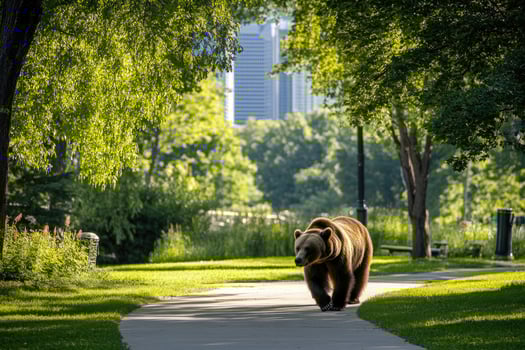 A bear walking on a path in a city park. photo